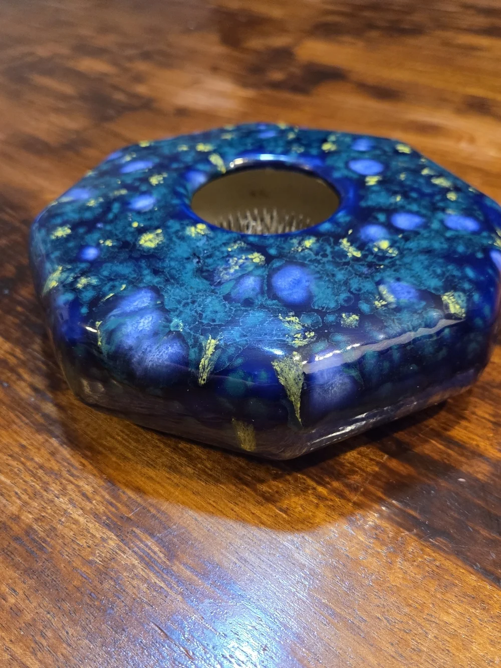 Signed, Handmade Blue Art Pottery Flower Frog Mint condition Medium Sized 7